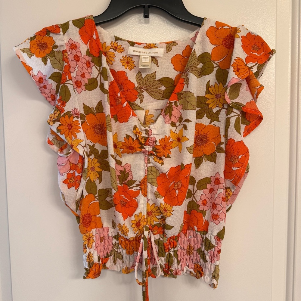 Monteau Orange and white floral Tie Front Crop Blouse backyard bbq, floral boho